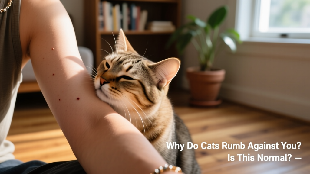 A cat rubbing its face along a person's forearm, showing scent gland contact