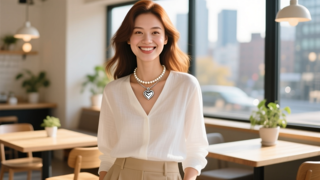 A young woman wearing a layered Marc Jacobs heart necklace with a delicate pearl choker, smiling in a sunlit cafe setting
