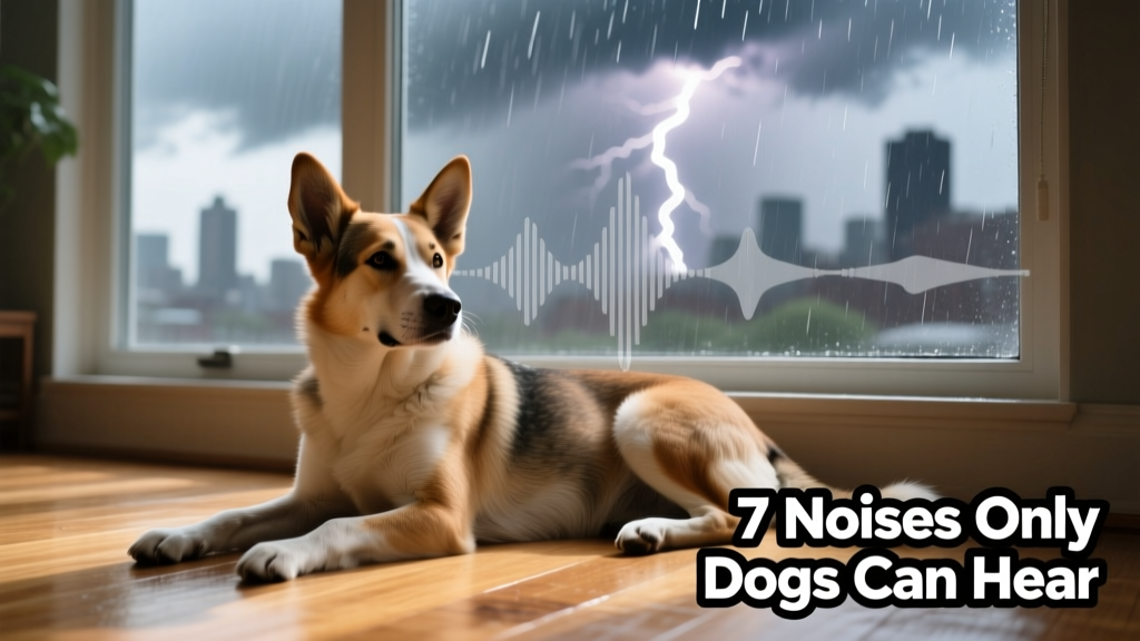 A calm dog resting near a window during a stormy day, with soft lighting suggesting heightened environmental awareness