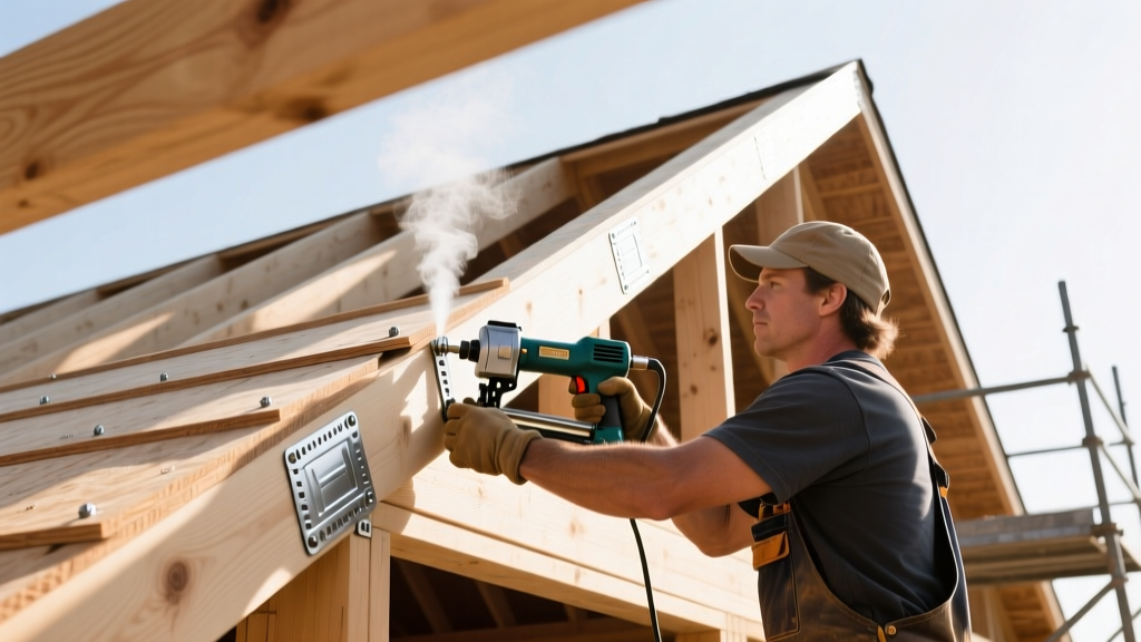 Carpenter installing 5/8-inch OSB roof decking panels with H-clips and pneumatic nailer on a pitched residential timber frame structure