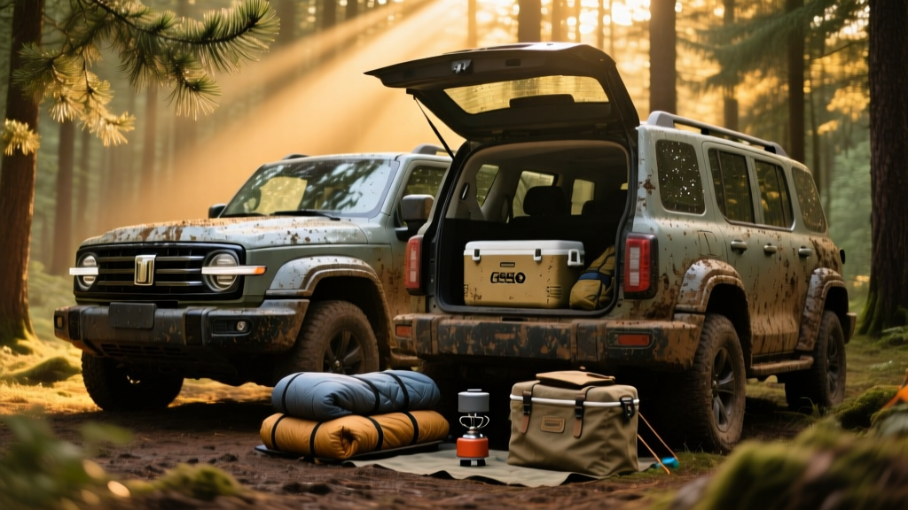 A rugged 4x4 SUV parked in a dense pine forest at golden hour, with a portable fridge and camping gear deployed from the trunk.