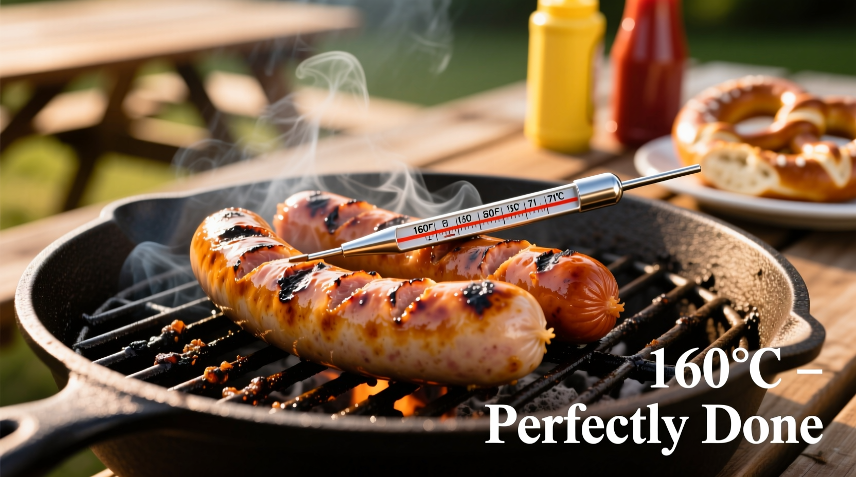 Bratwurst cooking on grill with thermometer