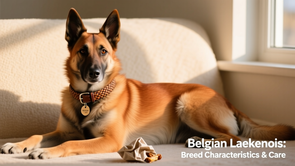 A Belgian Laekenois resting calmly on a light-colored background, showcasing its wiry, reddish-fawn coat and alert expression