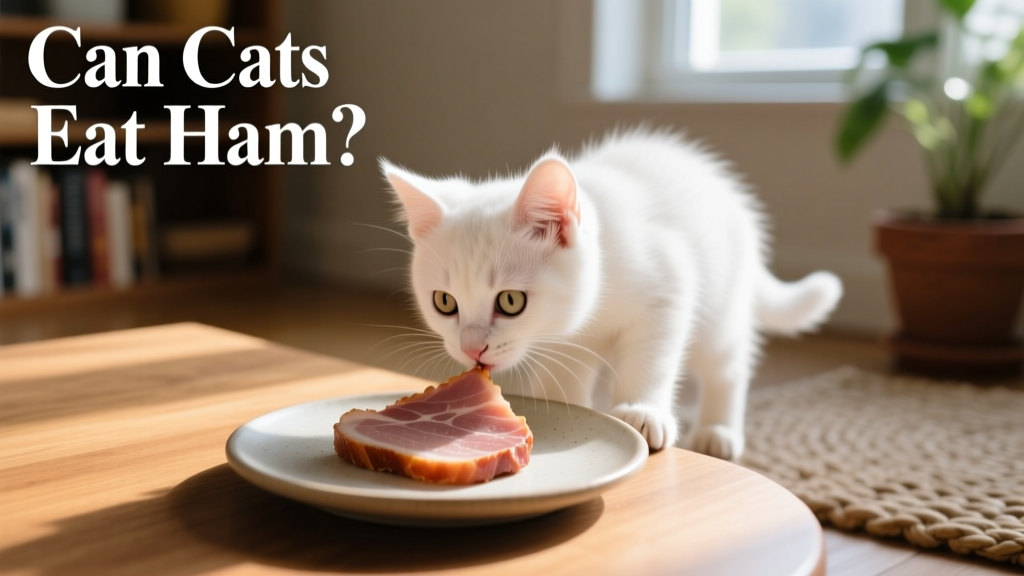 White kitten cautiously sniffing a small piece of plain cooked ham on a plate