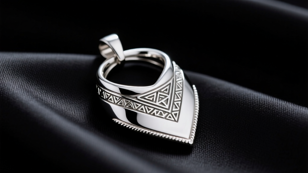 Macro shot of a sterling silver bandana pendant resting on black silk, showing a rhodium-plated edge preventing tarnish transfer.