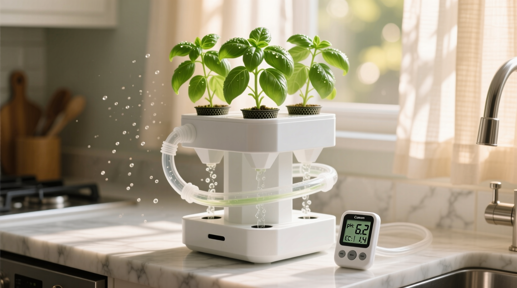 A compact, white modular hydroponic tower with three green basil plants thriving in its top-tier net pots, nutrient solution visibly circulating through transparent tubing, and a small digital pH/EC meter resting beside it on a sunlit kitchen counter