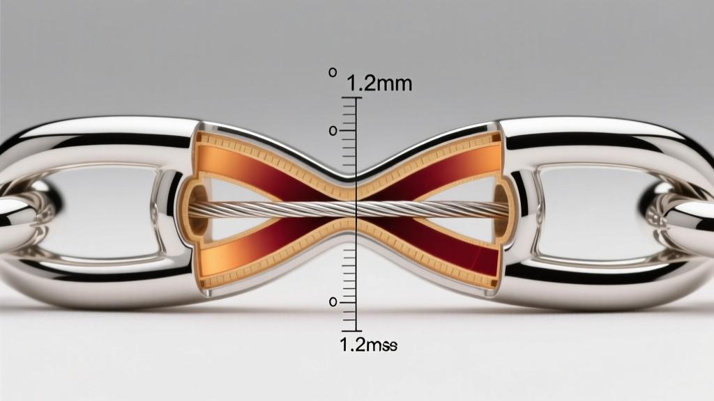 Technical cross-section diagram of a sterling silver Lola link showing 1.2mm wire gauge and stress points at the twist apex.
