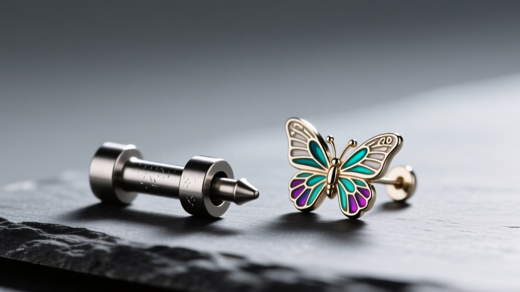 Macro shot comparing a 16-gauge threadless titanium labret post next to a 20-gauge butterfly earring on a dark slate surface