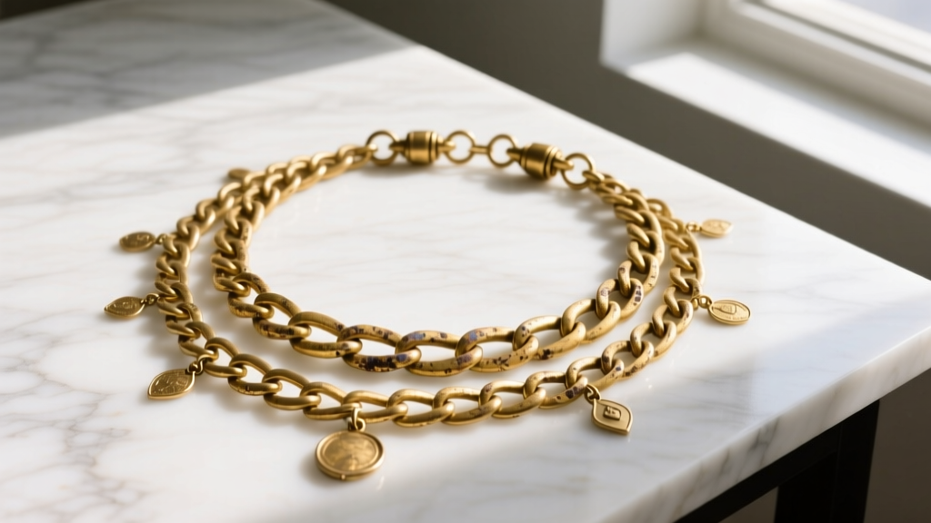Flat lay of vintage 2006 layered gold chains with small pendants, showing tarnished spring-ring clasps on a marble workbench