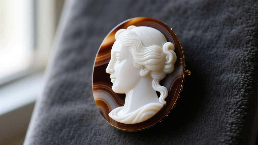 Victorian sardonyx cameo brooch showing a high-relief white female profile carved against deep brown stone on dark gray velvet.