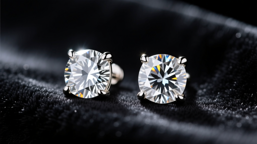 Macro shot of 1-carat princess-cut diamond stud earrings in 14k white gold V-prong settings resting on dark velvet fabric.