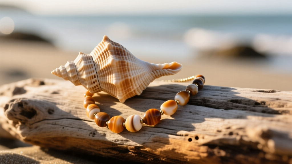 Authentic puka shell necklace on driftwood in sunlight, showing the organic texture and unique cone shape of the natural shells.