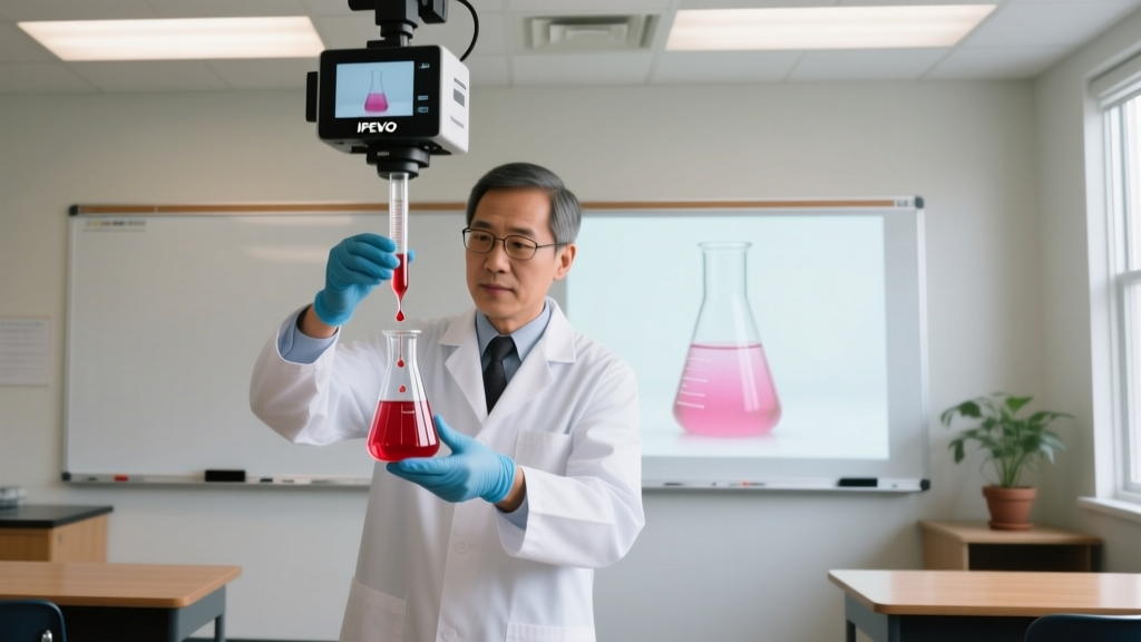 High school chemistry teacher demonstrating a titration experiment under an IPEVO VZ-R document camera with live feed on whiteboard