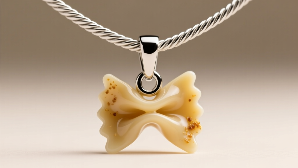 Macro shot of a 1.5mm sterling silver cable chain connecting to a resin-coated ravioli pendant via a sturdy glued bail cap.