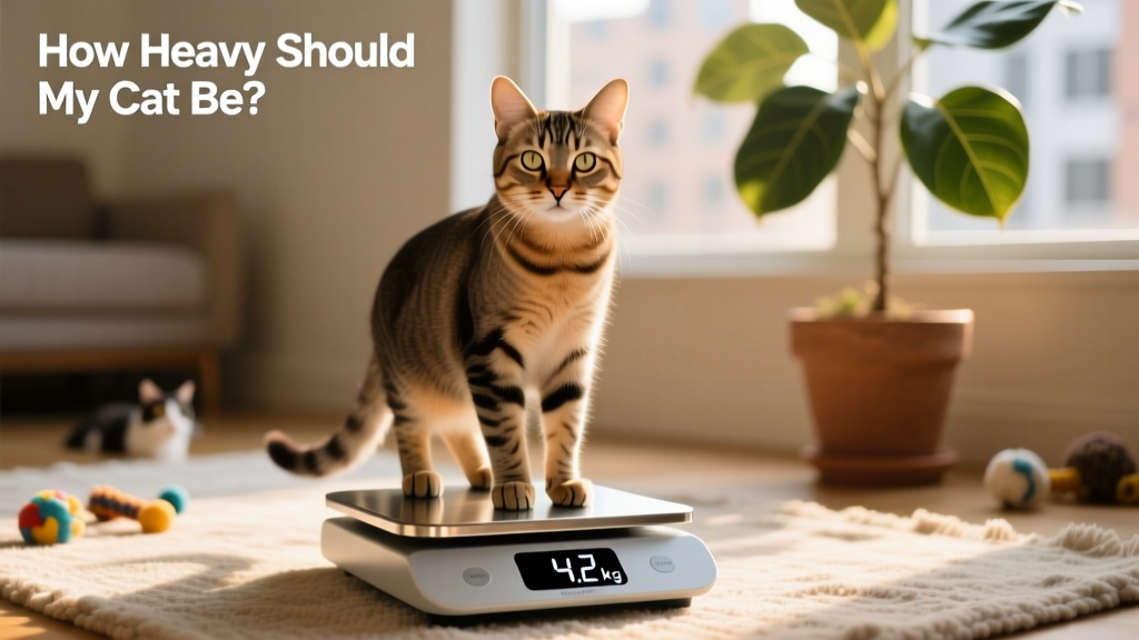 A cat standing confidently on digital weighing scales, looking alert and well-proportioned