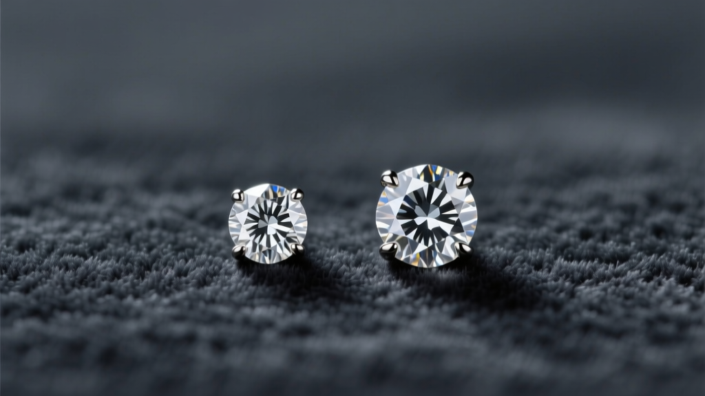 Macro shot of a 5mm diamond stud and a 6.5mm diamond stud resting side-by-side on dark grey velvet under bright, even lighting.