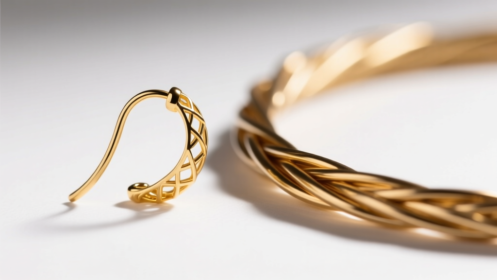 Macro shot comparing a delicate 22-gauge gold vermeil ear wire next to a thicker 20-gauge wire under bright studio lighting setup.