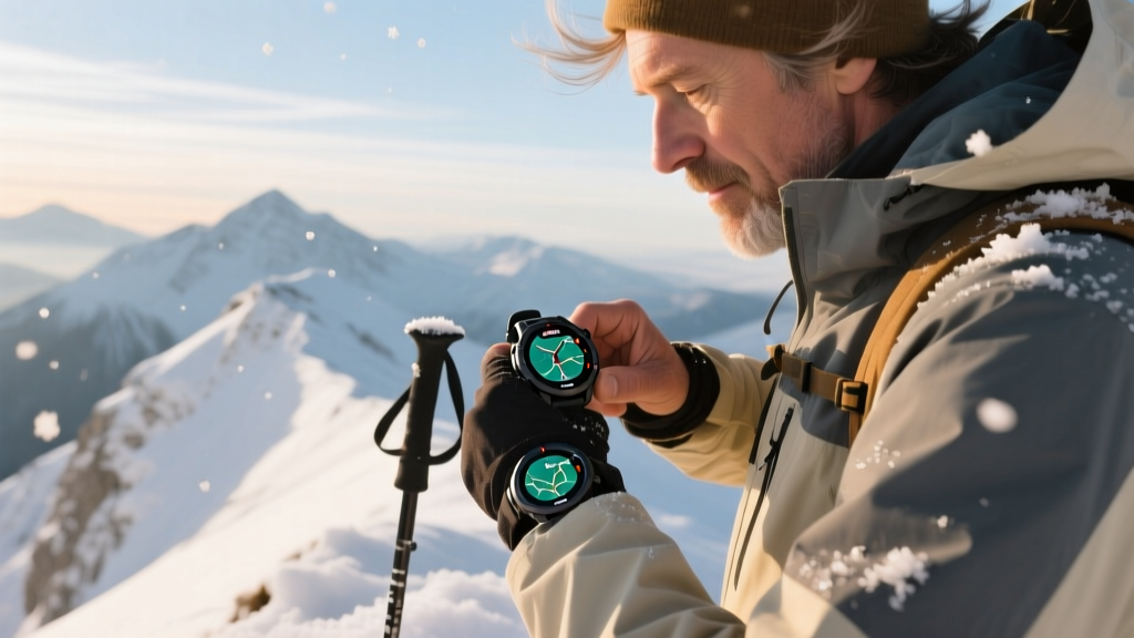 Hiker checking Garmin fenix 8 AMOLED smartwatch GPS coordinates on a snowy mountain ridge while holding trekking poles