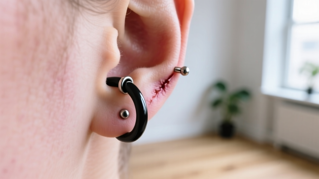 Healed daith piercing featuring a black niobium hinged segment ring with a seamless closure, illuminated by soft natural light.