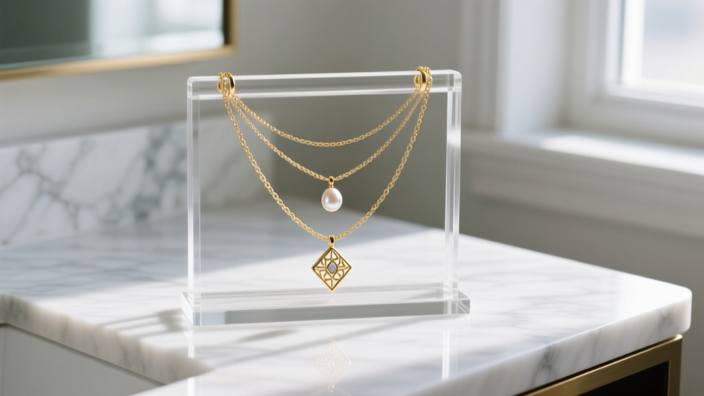 Clear cast acrylic necklace holder displaying three layered gold chains with pendants on a white marble vanity in soft morning light