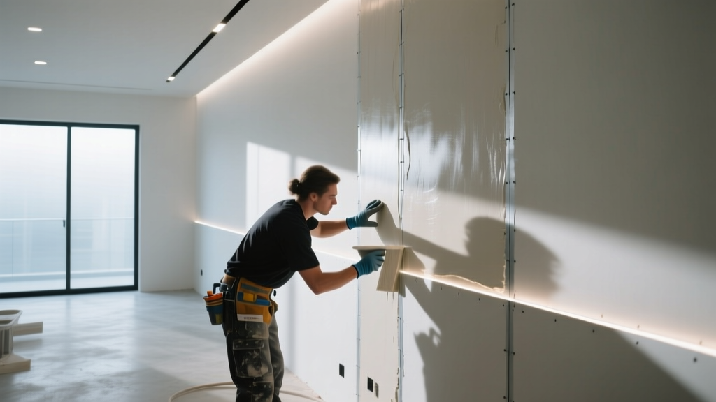 Drywall finisher applying a smooth Level 5 skim coat over taped seams in a modern room illuminated by raking LED light