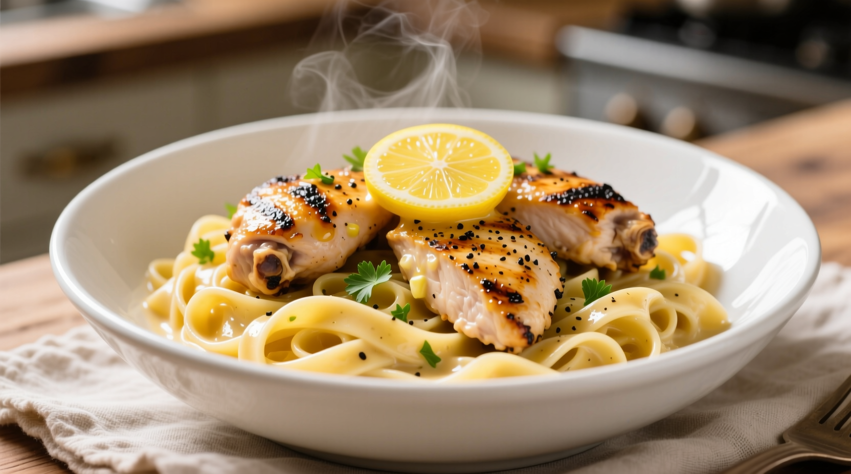 Creamy garlic lemon pasta with chicken in white bowl