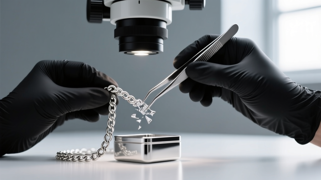 Jeweler in black nitrile gloves using fine titanium tweezers to separate a crushed sterling silver box chain under a microscope