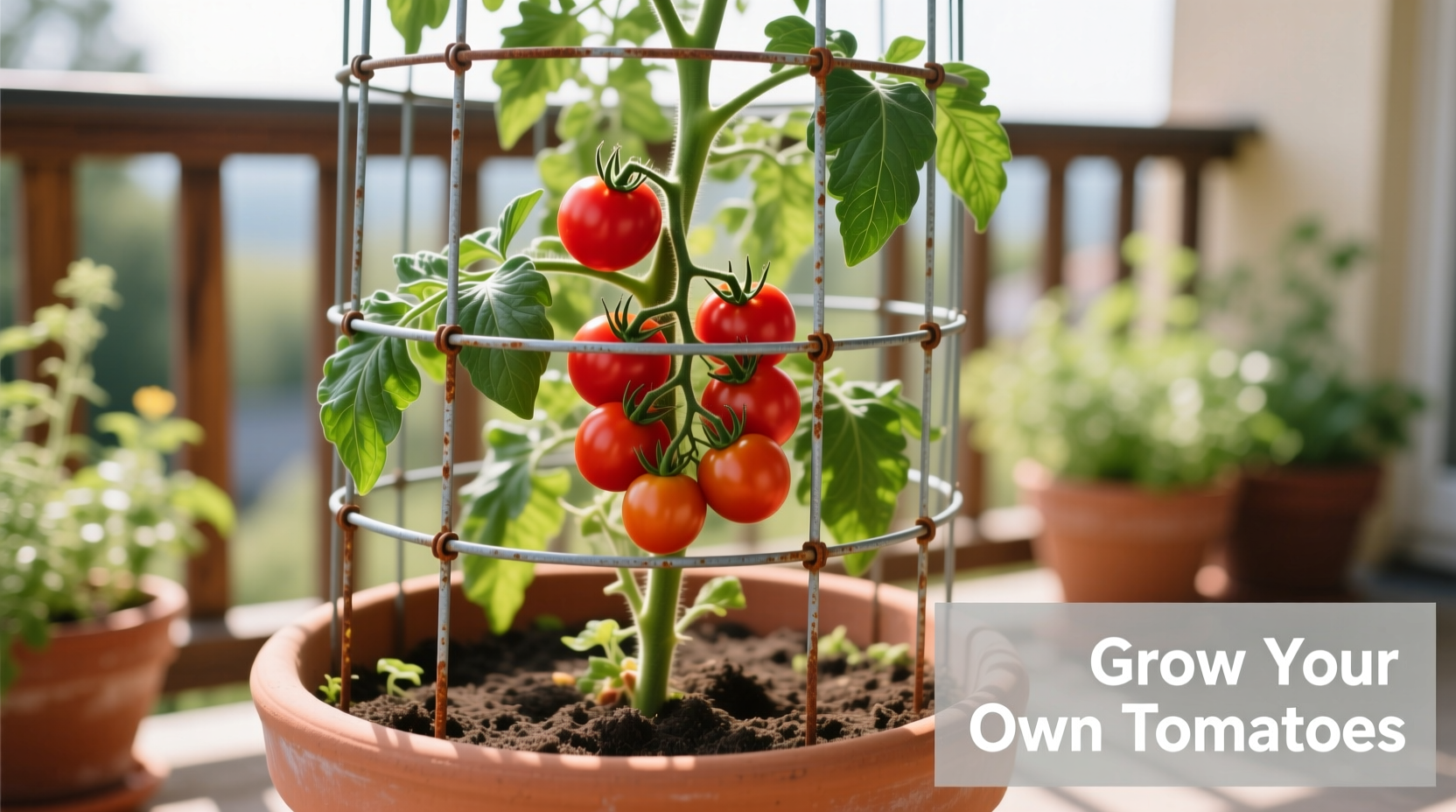 Tomato plant growing in container with properly sized cage