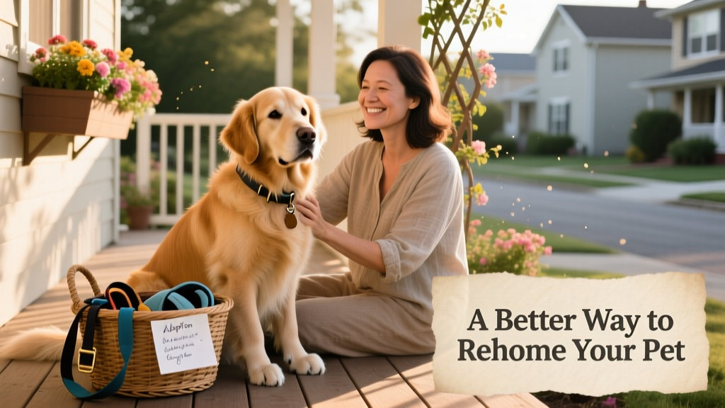 A calm, well-cared-for dog sitting beside its owner on a sunlit porch