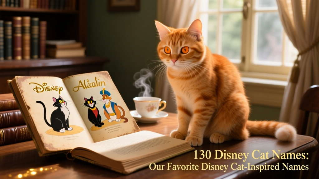 A playful ginger cat sitting beside a vintage Disney storybook with open pages showing classic characters