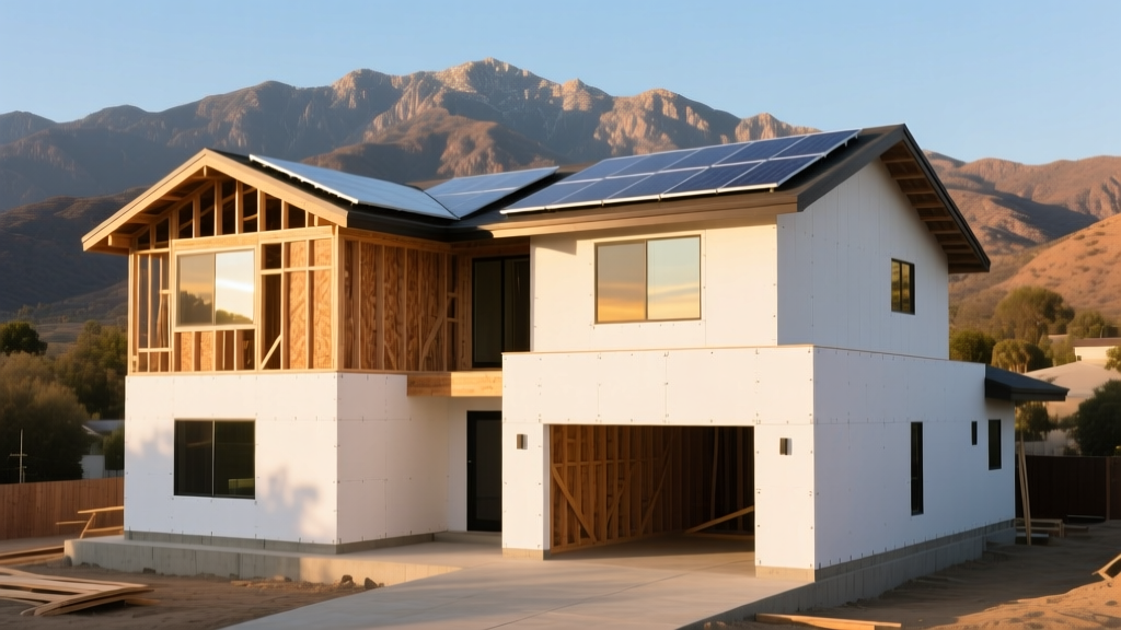 Modern minimalist two-story home under construction in Los Angeles with exposed wood framing, solar roof panels, and a backdrop of the San Gabriel Mountains