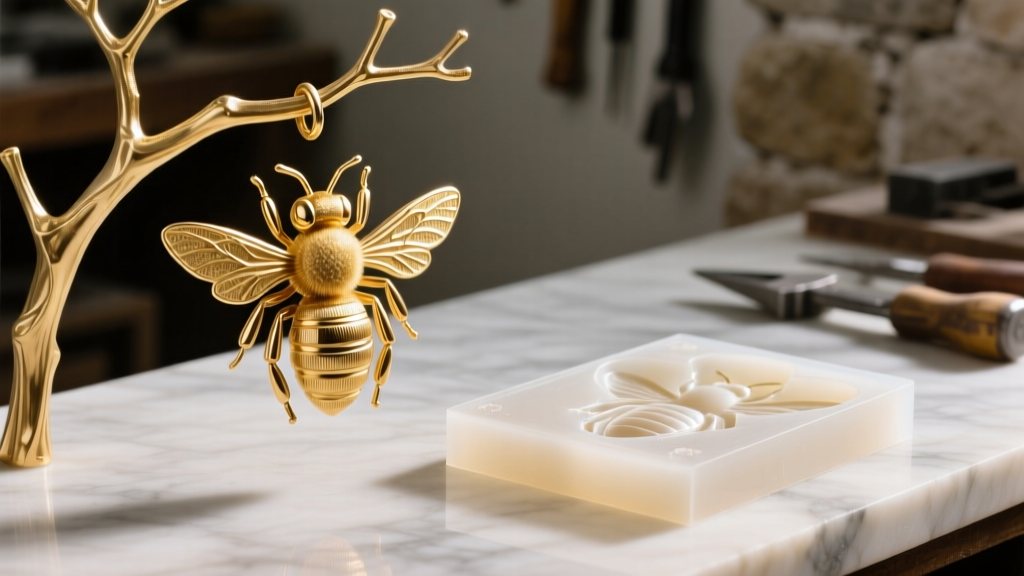 Raw 14k gold bee casting attached to a sprue tree beside a silicone mold used for wax injection on a jeweler's workbench
