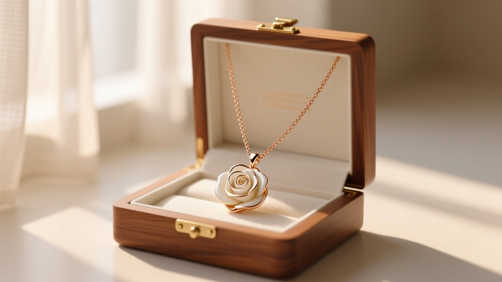 Open wooden jewelry box lined with acid-free tissue, holding a rose gold chain and ivory rose pendant in a softly lit room.
