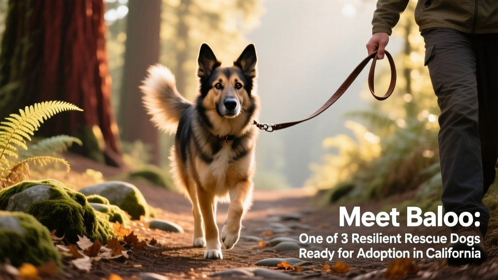 Baloo trotting confidently along a forest trail, leash held loosely in hand, ears perked and expression alert but friendly