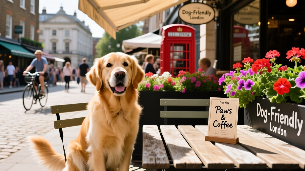A cheerful dog sitting beside a table at a sunny outdoor café in Covent Garden, with flower boxes and bustling street life in the background