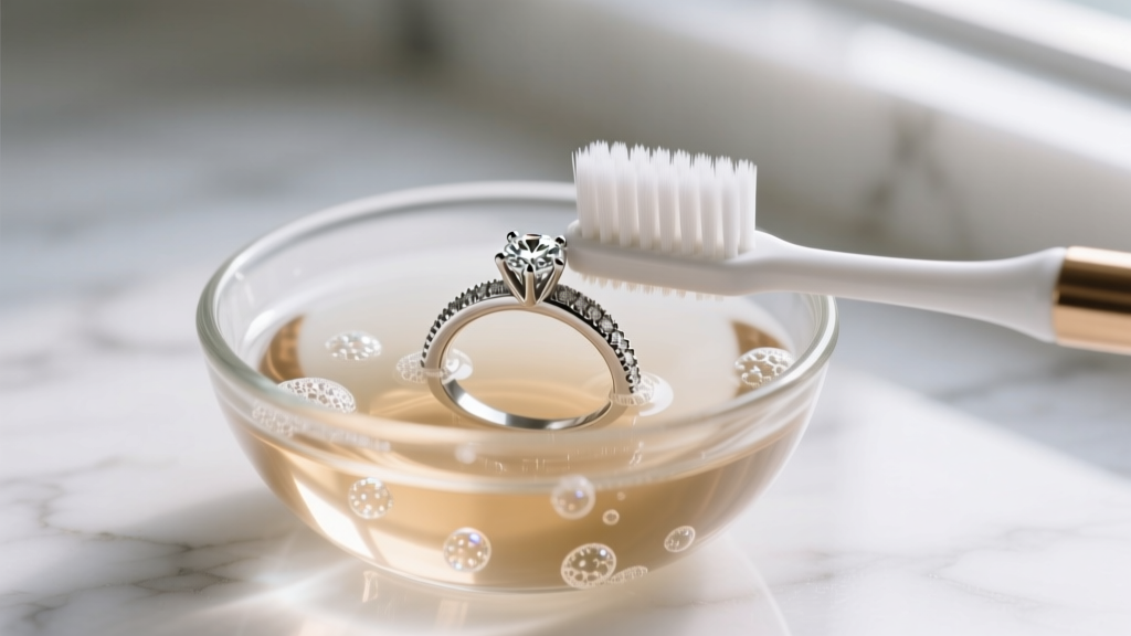 Soft toothbrush cleaning the inner corners of a platinum box setting ring submerged in a small glass bowl of warm soapy water