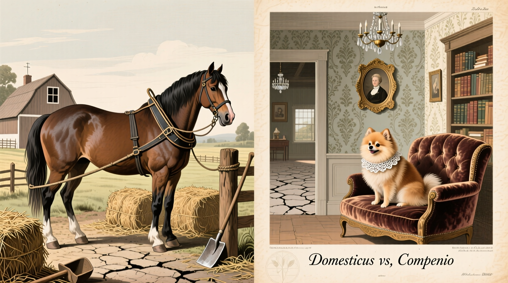 Historical illustration of domesticated livestock versus companion animals