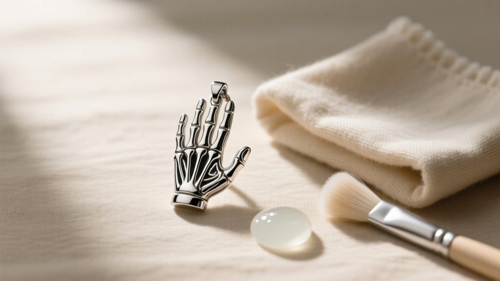 Flat lay of a polishing cloth, mild soap, and soft brush next to a silver anatomical hand pendant resting on natural beige linen.