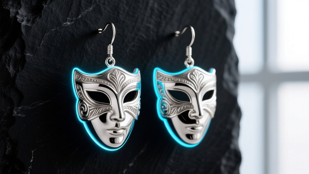 Close-up of sterling silver Leonardo mask dangle earrings catching the light on dark slate with soft neon blue rim lighting.