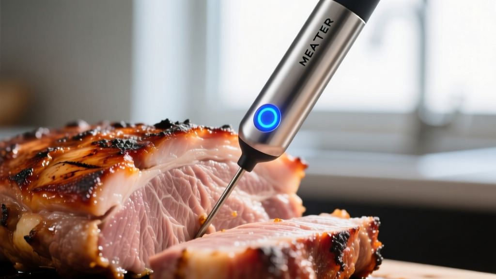 Close-up of a stainless steel MEATER wireless probe inserted into a thick pork shoulder with a glowing LED indicator