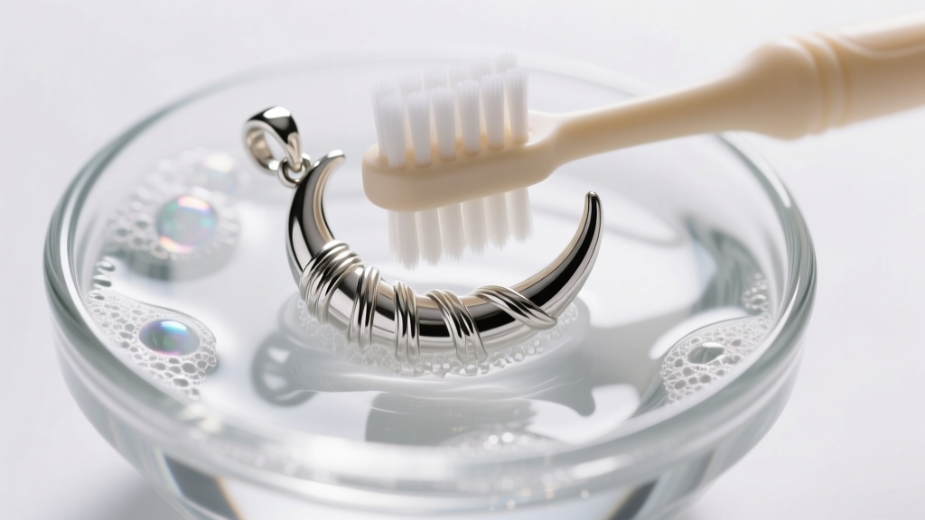 A soft baby toothbrush gently cleaning the twisted ridges of a sterling silver Italian horn pendant submerged in a small glass bowl of soapy distilled water