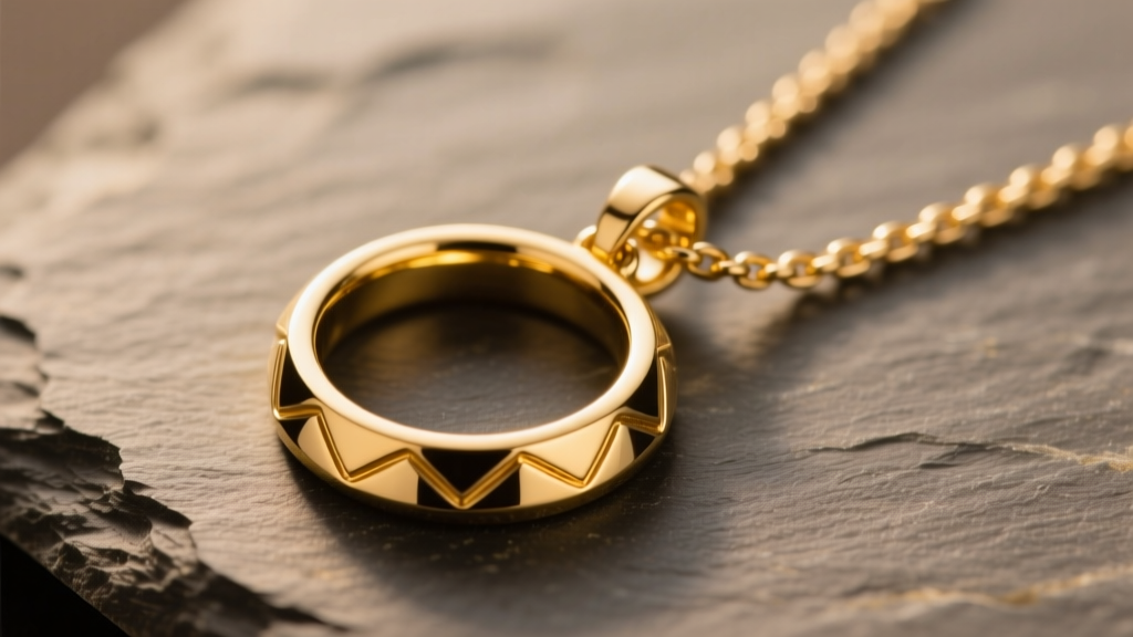 Close-up of a 14k yellow gold necklace circle pendant on slate, showing the polished finish and sturdy 1.2mm cable chain.