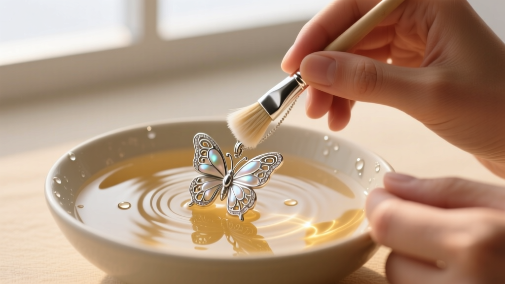 Hands cleaning a silver butterfly pendant with a soft brush in a bowl of warm soapy water under bright, natural studio lighting.