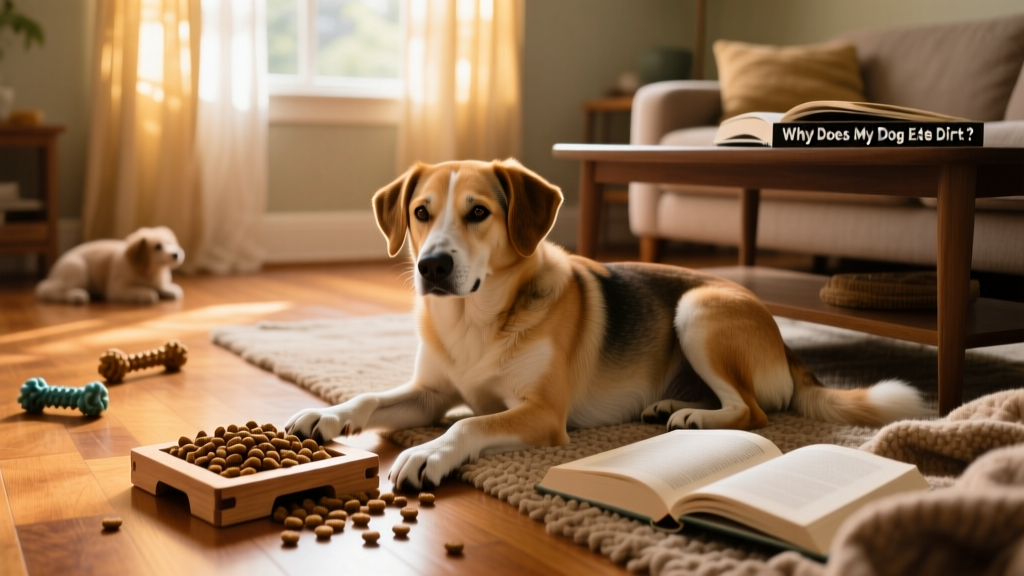 Dog calmly resting beside a puzzle toy filled with kibble in a quiet living room