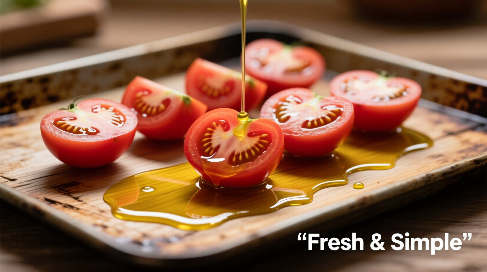 Tomato halves arranged on baking sheet with olive oil drizzle