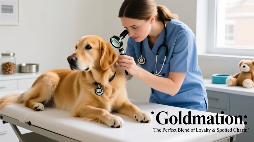 A Goldmation lying calmly beside a veterinarian during a routine wellness exam, with visible ear checks and stethoscope in use