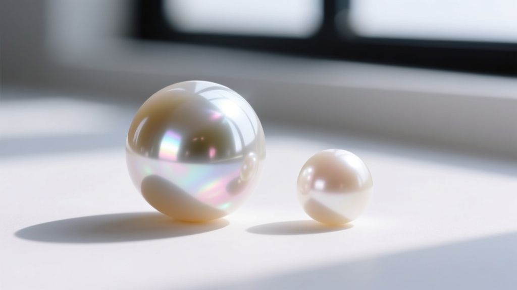 Close-up comparing the sharp mirror luster of an 8mm Akoya pearl against the softer glow of a standard round freshwater pearl.