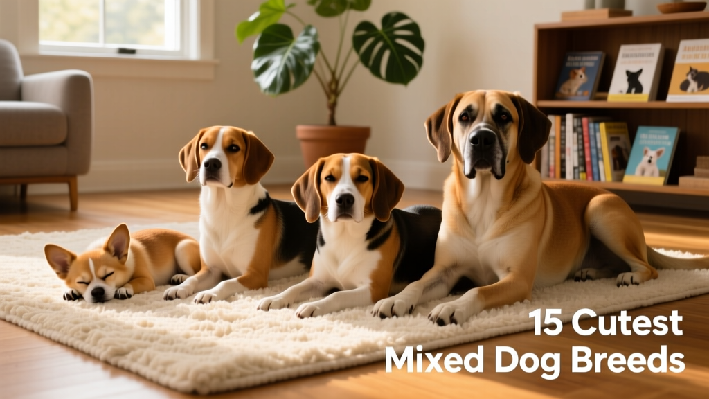 A diverse group of mixed-breed dogs—small, medium, and large—relaxing side-by-side on a cozy rug indoors