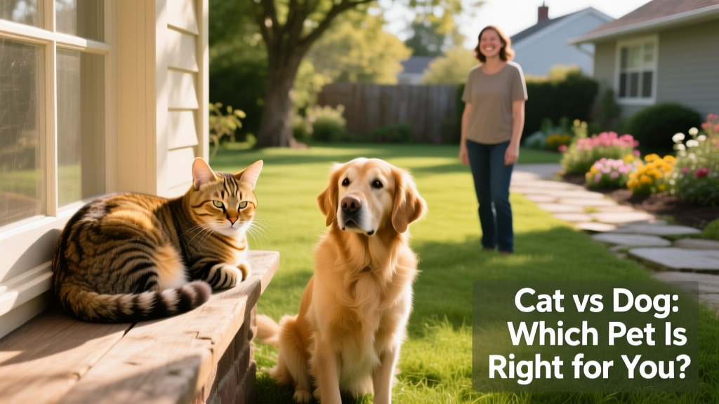 A relaxed cat curled on a sunlit windowsill next to a playful dog sitting attentively beside its owner on a grassy yard