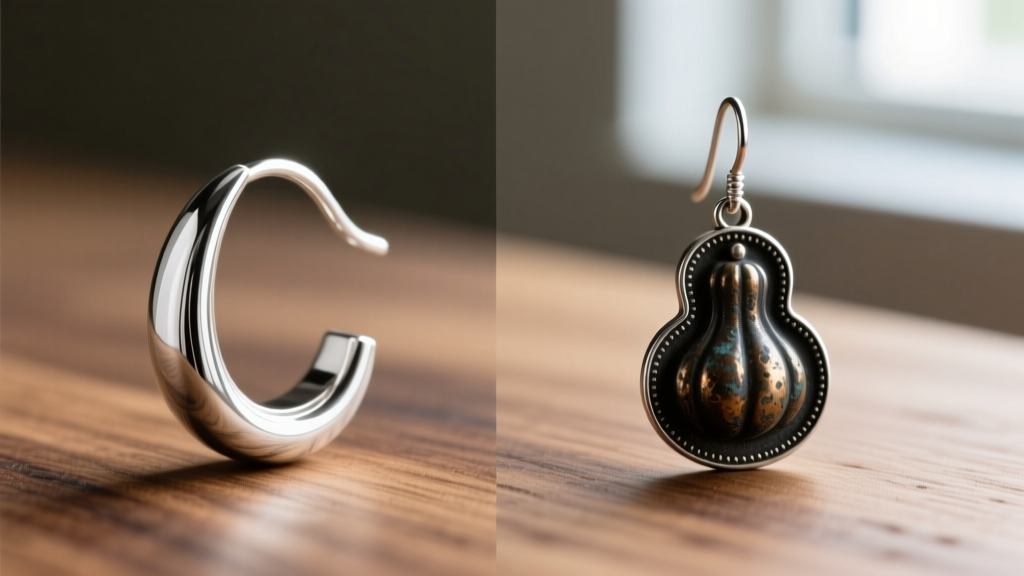 Side-by-side macro of polished sterling ear wire next to darkly patinated vintage coin silver squash blossom dangle earring on wood